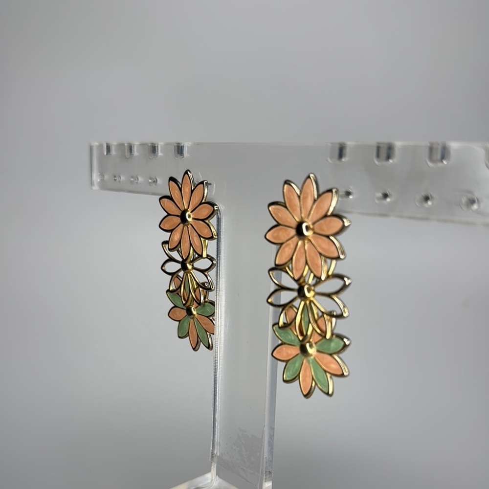 Floral Pink and Green Earrings with Double Flower Design - Backs Missing - Picture 2 of 3